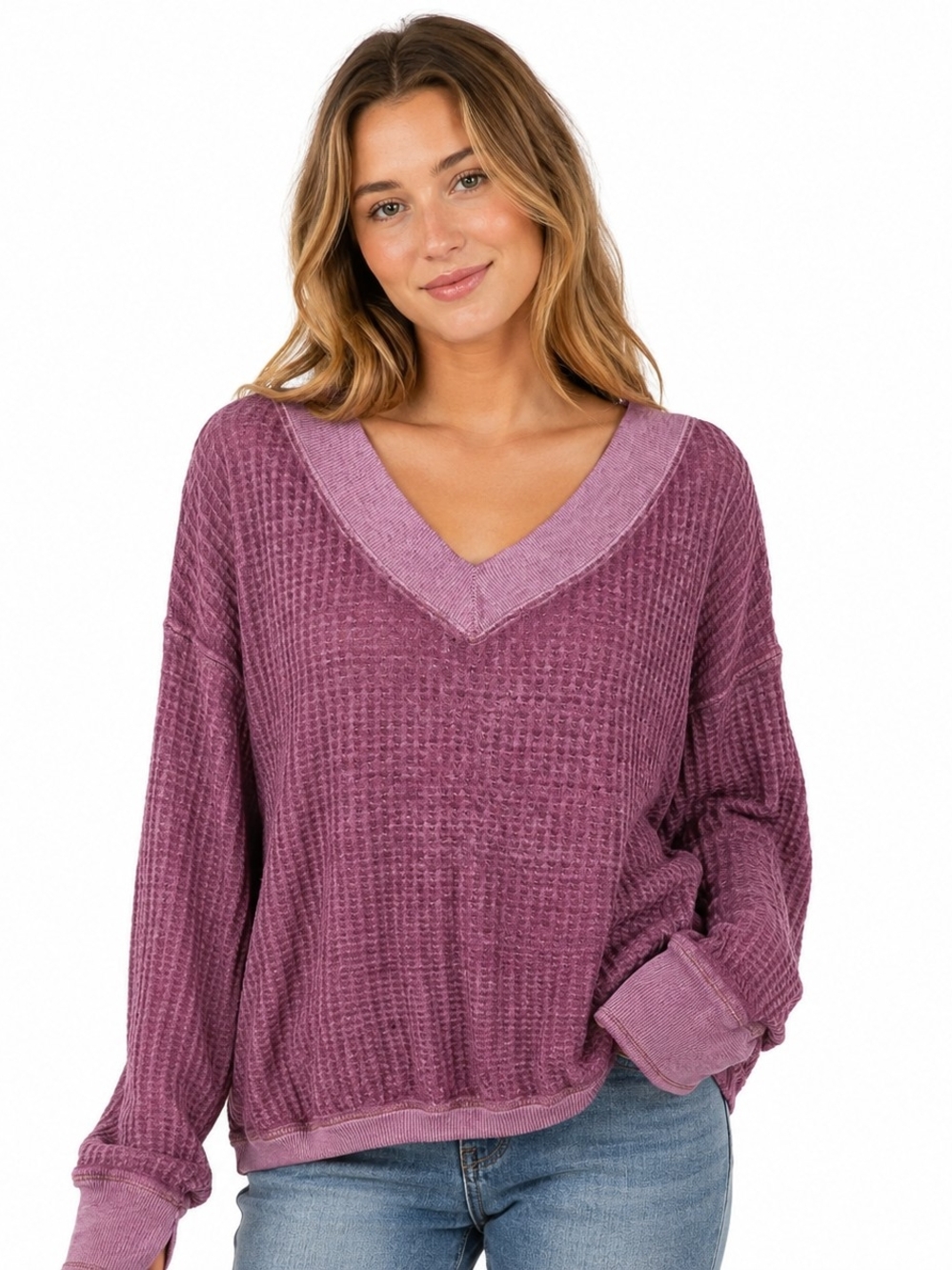 We The Free Sweater Med Womens Medium Purple Waffle Knit Long Sleeve Lightweight